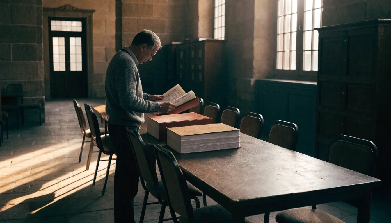Biblioteca de investigación demográfica al cerrar, con volúmenes anuales abiertos sobre las mesas