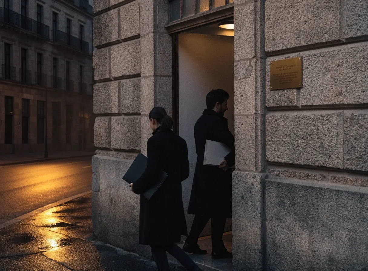 Fachada al atardecer de un edificio de administración pública en una calle española