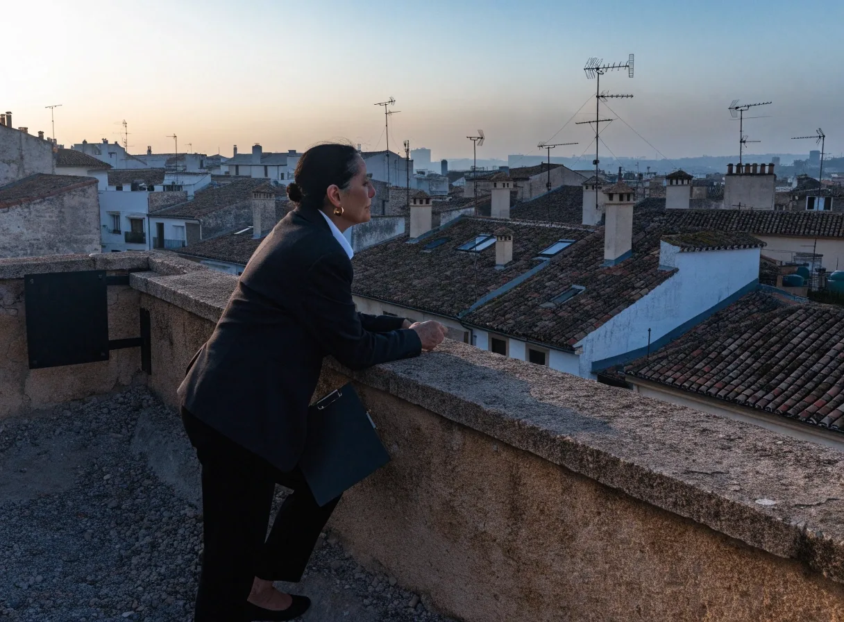 Mirador sobre una ciudad española al amanecer, con el caserío extendido hasta el horizonte