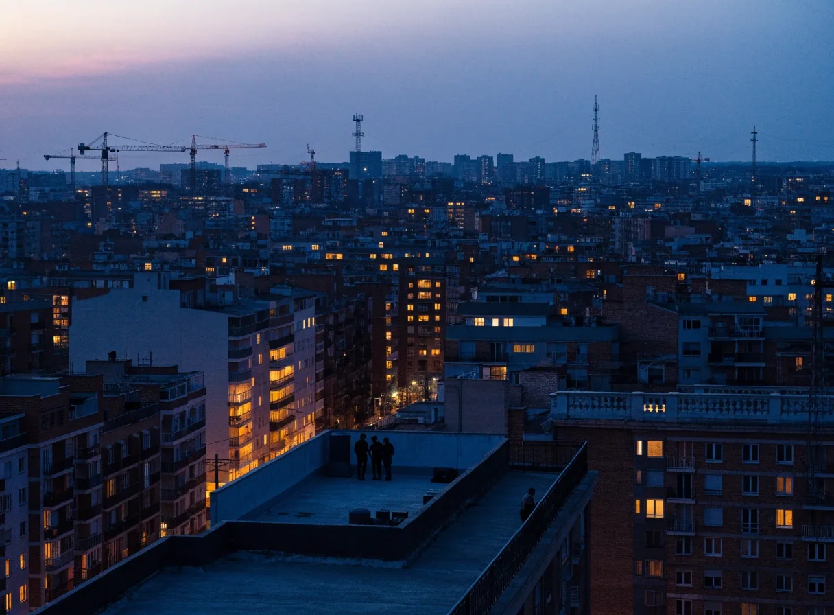 Vista de una gran área metropolitana española al atardecer, con viviendas y azoteas en primer plano