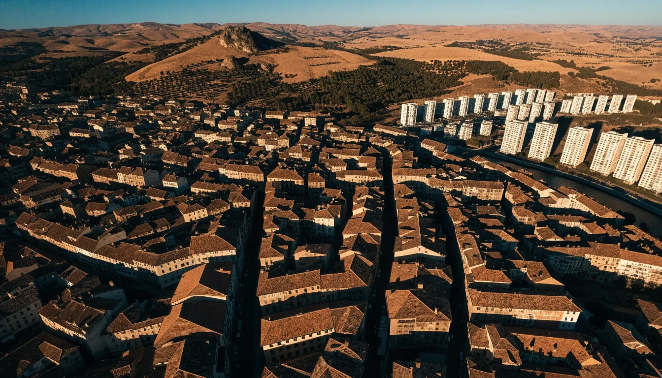 Vista aérea de una capital de provincia española donde el casco antiguo limita con nuevas zonas residenciales