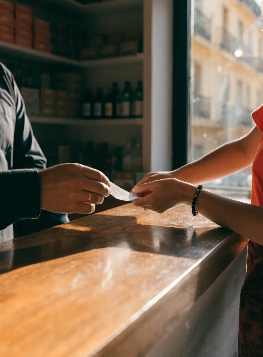 Intercambio de un recibo a mano entre comerciante y cliente en un pequeño comercio de barrio