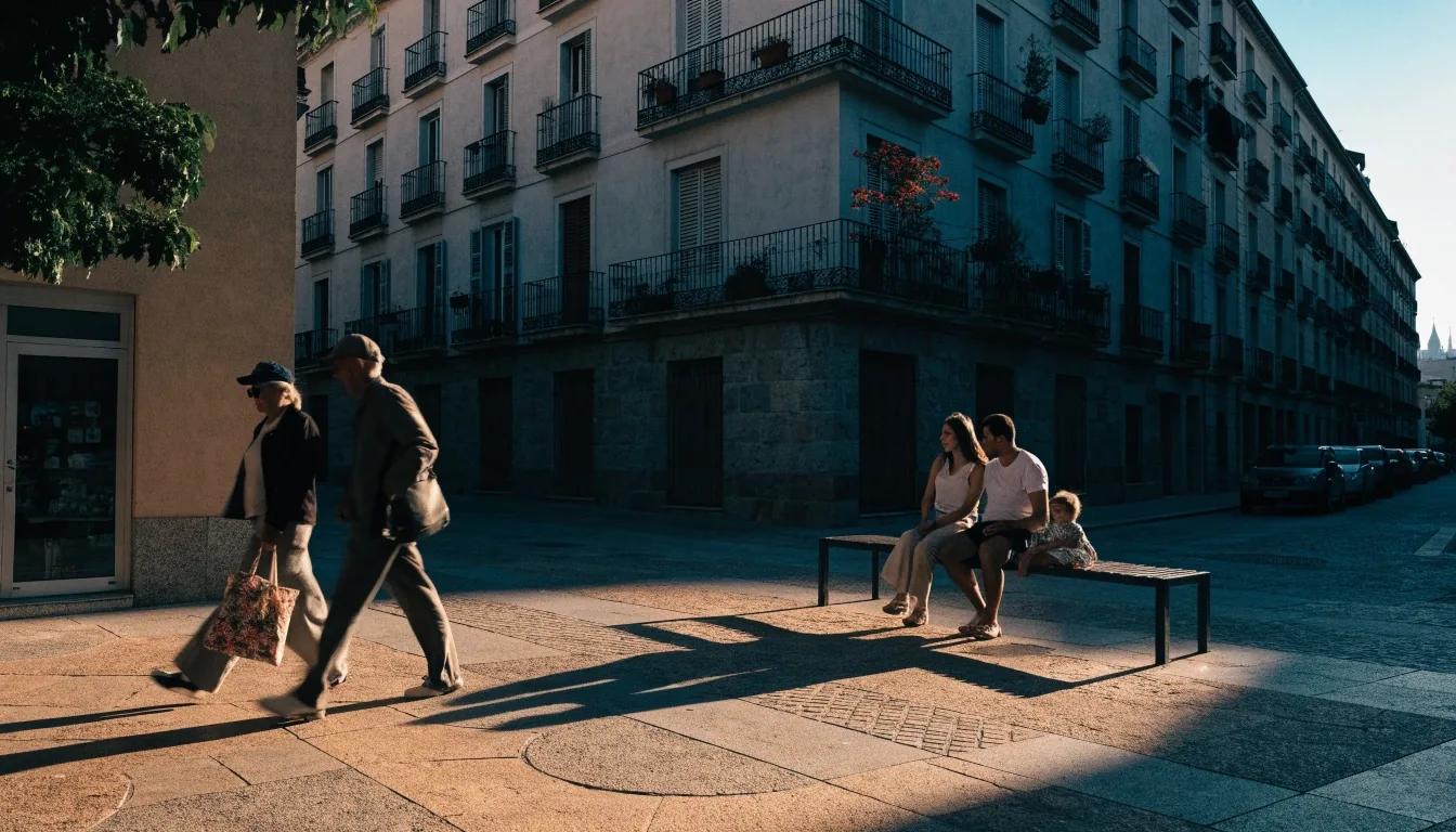 Plaza de barrio en una ciudad española mediana por la tarde, con una familia joven y vecinos mayores compartiendo el espacio