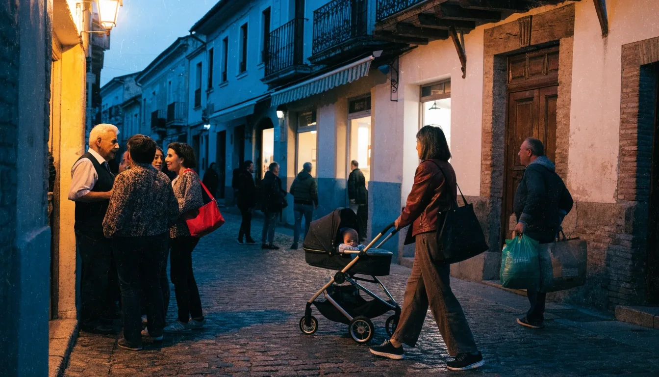 Plaza tranquila de una localidad española al anochecer, con personas cruzando a pie y en bicicleta bajo las primeras farolas