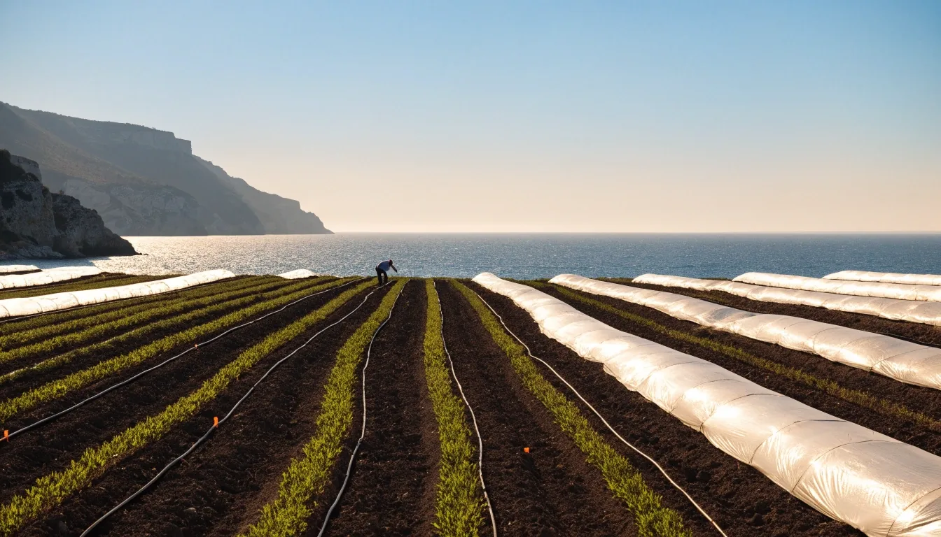Zona agrícola del litoral mediterráneo español al amanecer, con invernaderos y una persona trabajando junto al sistema de riego