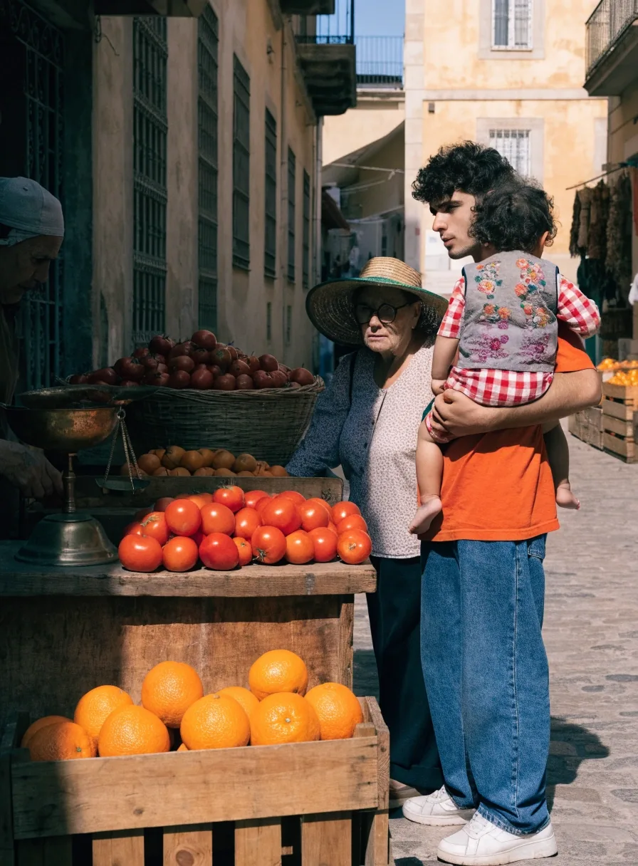 Mercado de barrio en una ciudad española con vecinos de distintas edades comprando