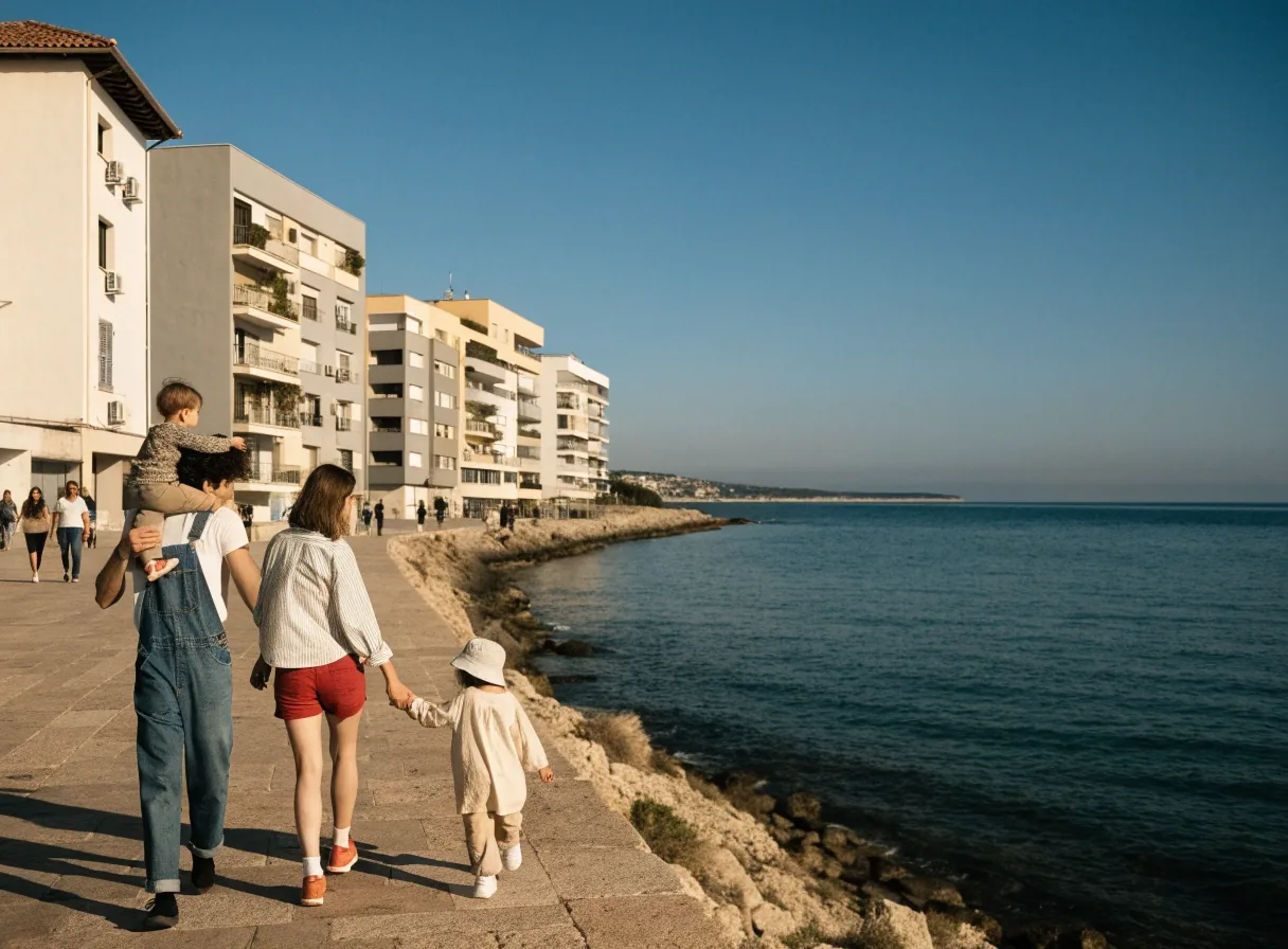 Una familia con dos niños pequeños paseando por el paseo marítimo de una ciudad española