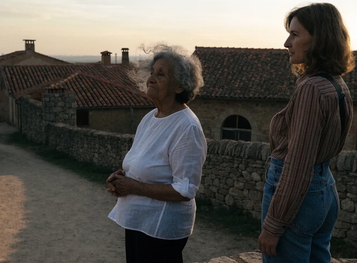 Una mujer mayor y una madre joven en un mirador de un pueblo del interior de España al atardecer