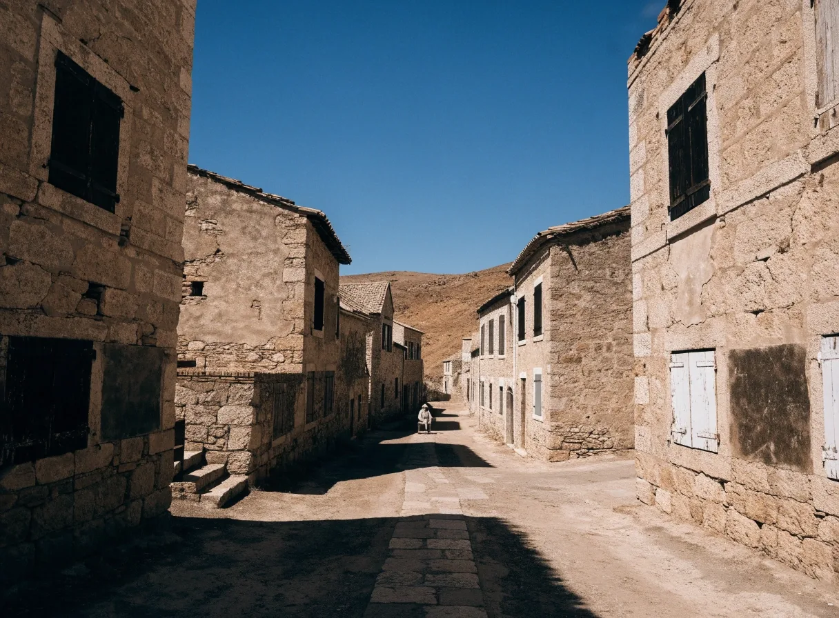 Calle de un pueblo del interior de España con casas cerradas y colinas secas al fondo