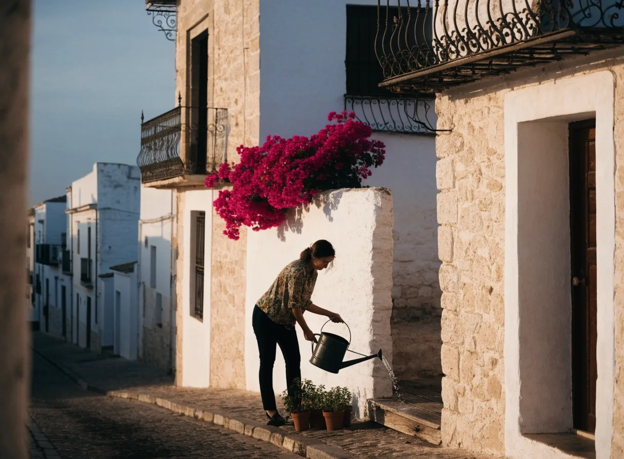 Paseo marítimo andaluz al atardecer con palmeras y edificios bajos junto al agua