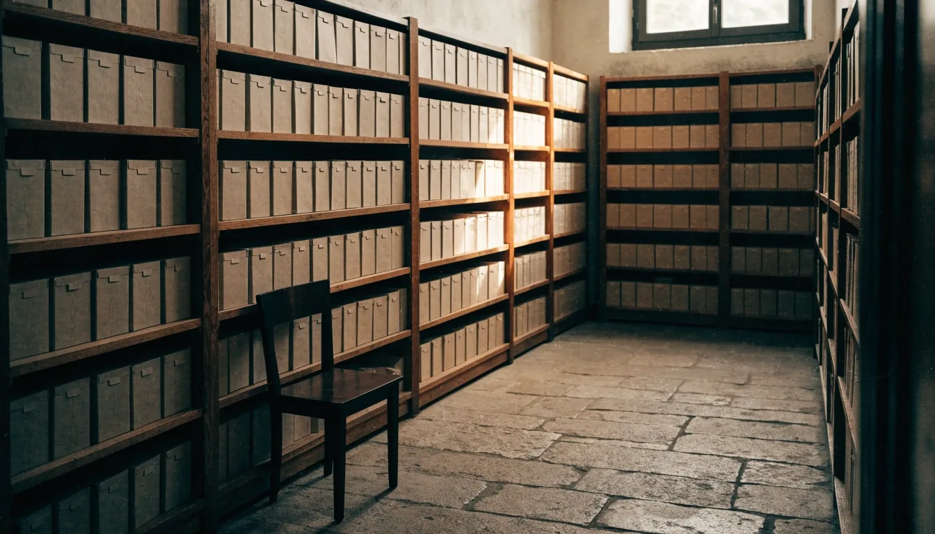 Escritorio de oficina en Bilbao con una carpeta cerrada y gafas de lectura bajo luz natural